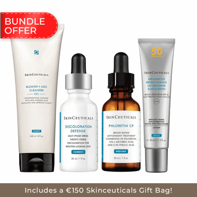Brightening skincare set featuring a deep cleansing gel, multi-phase serum for discolouration, antioxidant treatment with phloretin, and UV protection sunscreen, ideal for enhancing natural teeth whitening results.